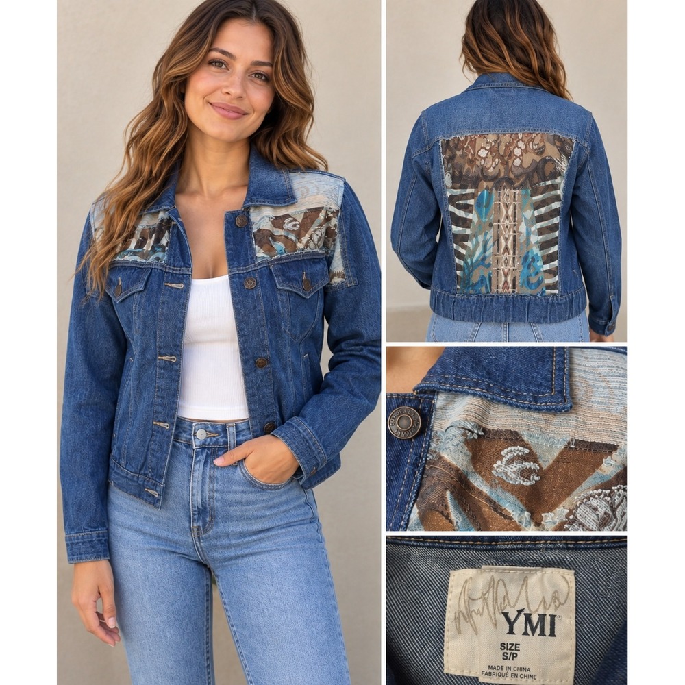 YMI Jeans USA Blue Denim Jacket With Love Lace Mixed Media Back Panel Sz S